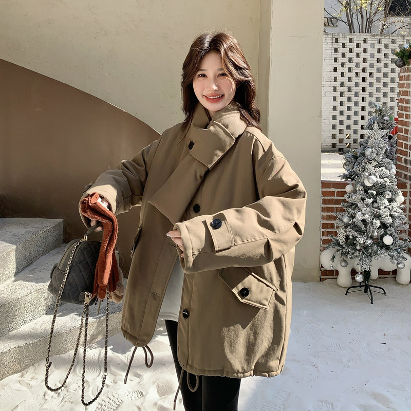 卡其色围脖工装羽绒服女冬2025新款超火好看高级小众加厚中长外套,女装羽绒服,2B227