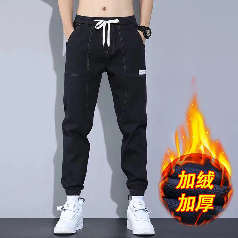冬季加绒牛仔裤子男士松紧腰加厚
