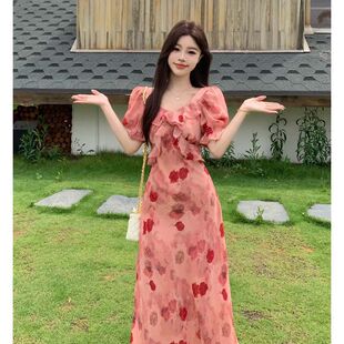 裙子 甜美荷叶边正肩短袖 连衣裙女2025夏季 大码 胖mm遮胯收腰中长款