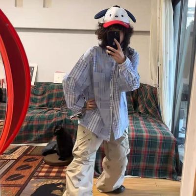 日系复古拼接蓝色格子衬衫外套女春夏新款宽松休闲别致防晒上衣潮