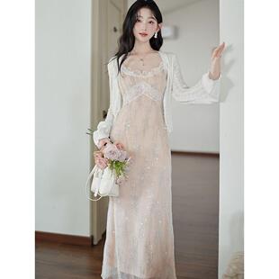 现货白色蔷薇白色亮片蕾丝v领修身 连衣裙 吊带裙女春季 新款