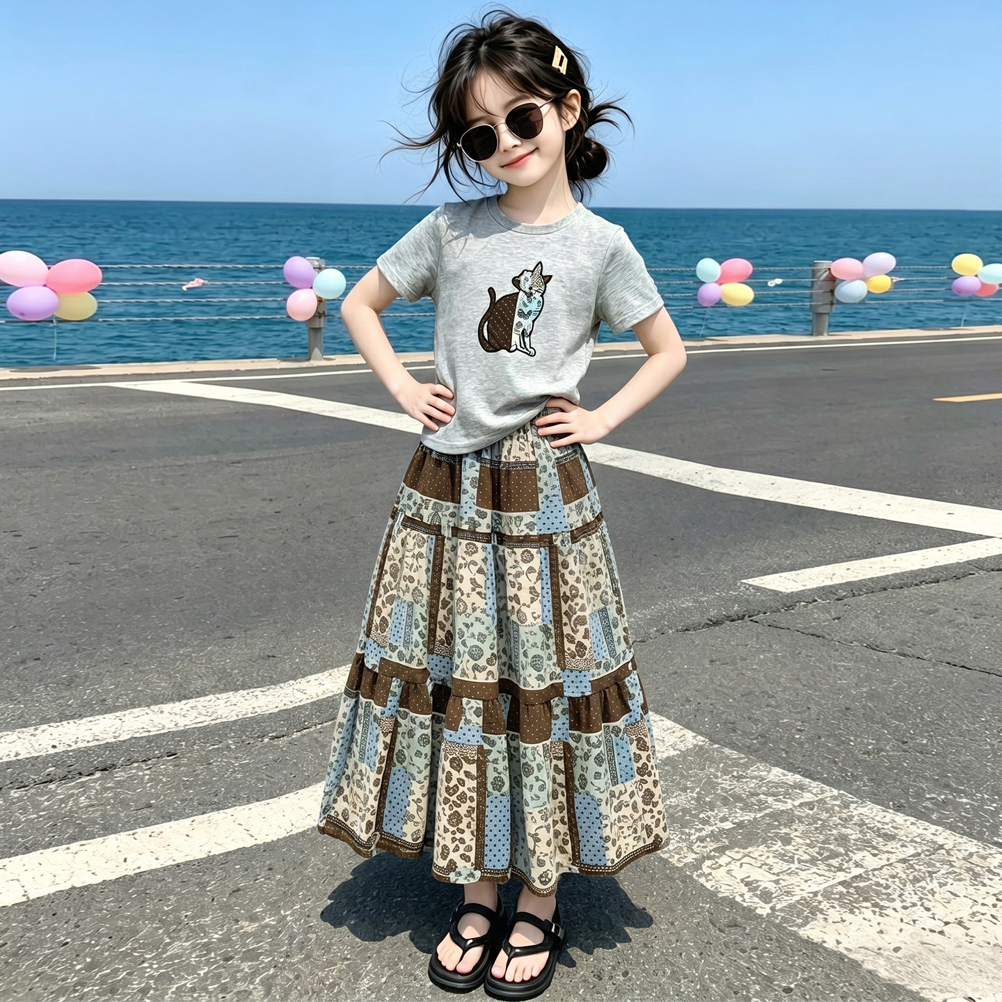 夏天女童洋气短袖T恤套装2026新款女孩韩系雪纺半身裙子两件套夏