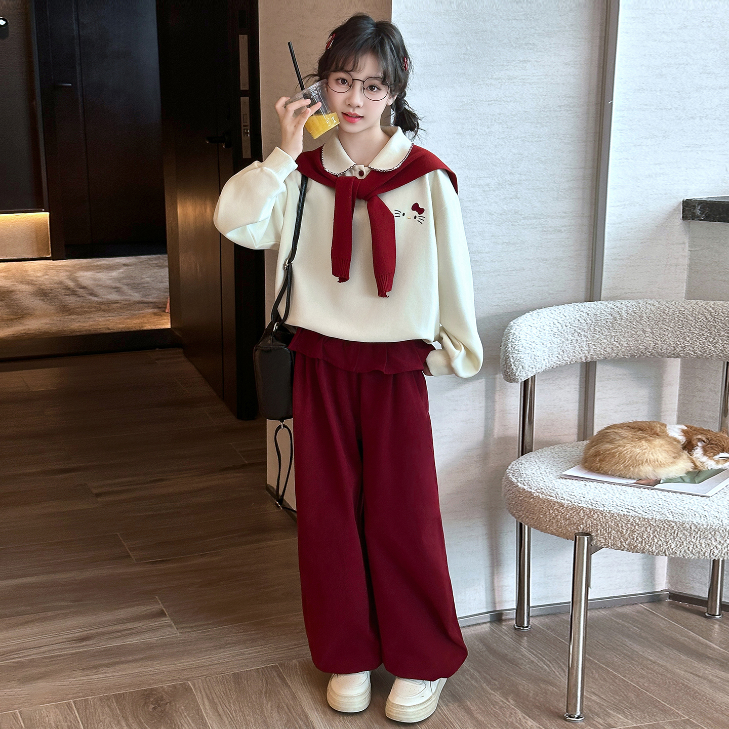 女童洋气套装春秋装2025新款儿童韩版休闲卫衣花边阔腿裤三件套潮