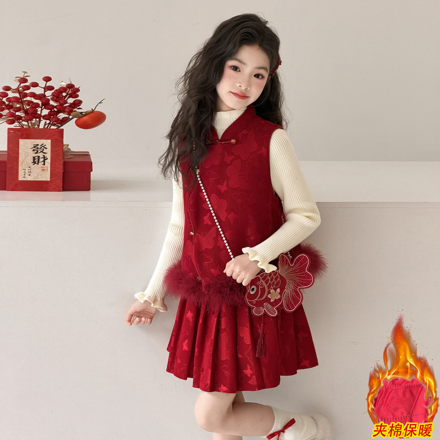 新年衣服女童拜年服加棉加厚马甲毛衣套装冬季新款女孩短裙三件套