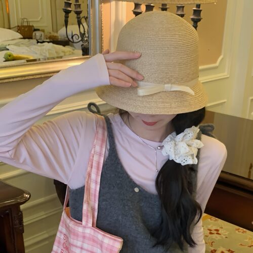 草帽小众设计轻奢拉菲草蝴蝶结帽