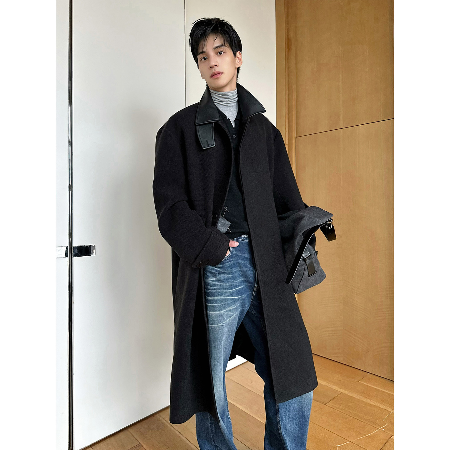 TRENDYWU经典斜纹毛呢大衣