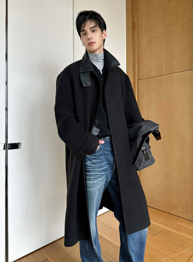 TRENDYWU 都市老钱“柴斯特”经典斜纹毛呢700克皮领茧型宽松大衣