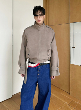 TRENDYWU 静奢法式“迪木尔”燕麦色毛呢军装哈林顿厚休闲外套