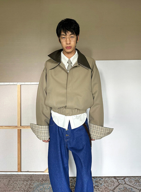 TRENDYWU 意式静奢 “罗曼”pu皮革领拼接翻领格纹廓形夹克外套