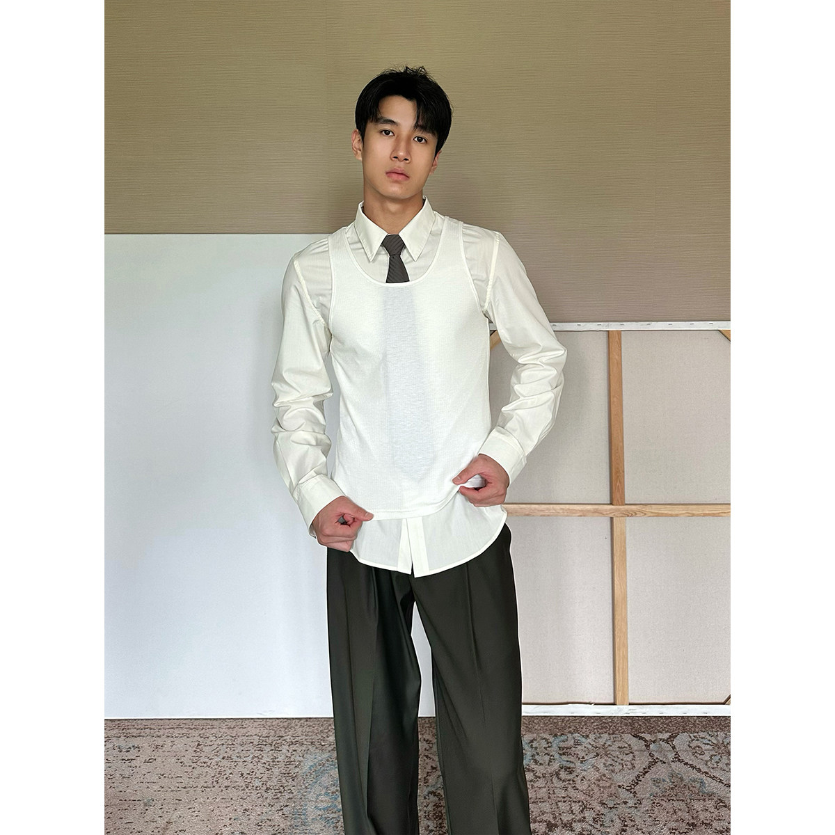 TRENDYWU 复古法式 “海盐”性感合身叠穿阿尔法层次感亲肤衬衫