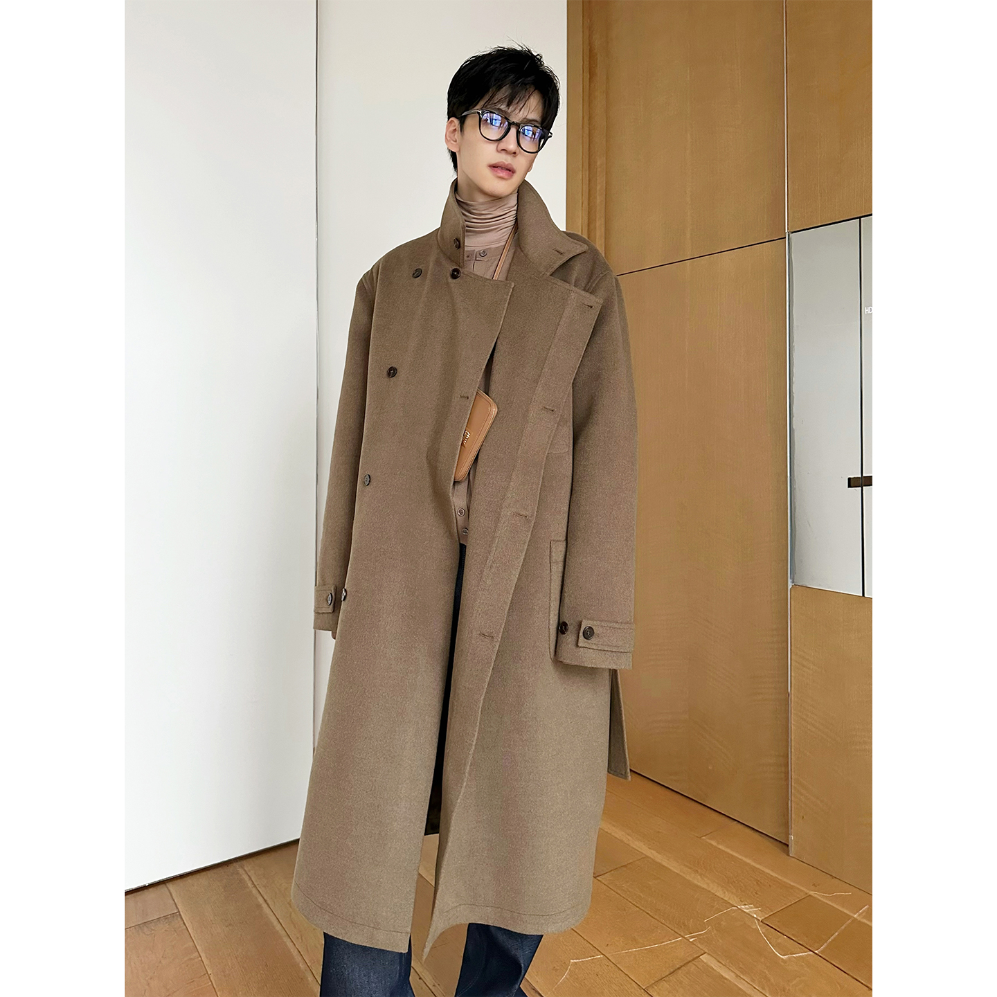 TRENDYWU 英伦经典“日暮”板栗棕立领双面羊毛呢过膝厚长款大衣