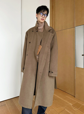 TRENDYWU 英伦经典“日暮”板栗棕立领双面羊毛呢过膝厚长款大衣