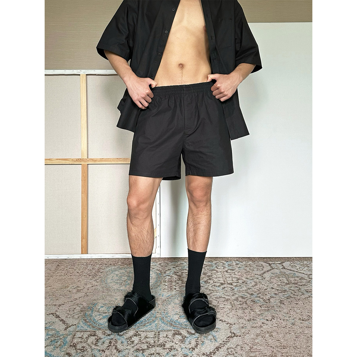 TRENDYWU 简约随性“黑曜”精棉松紧腰直筒静奢健身日常五分短裤