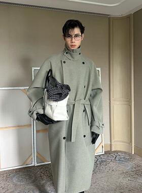 TRENDYWU 经典老钱“摩登”华达呢粗纺羊毛宽松双排扣厚廓型大衣