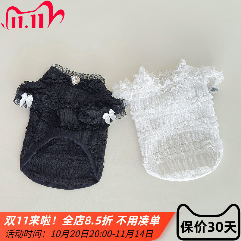宠物猫狗衣服泰迪春夏提花蕾丝半袖闪钻宝石蕾丝蝴蝶结百搭打底衫