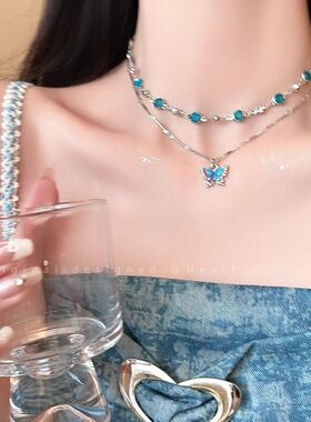 海洋色原创夏日清凉感双层蝴蝶项链配饰女轻奢小众锁骨链颈链