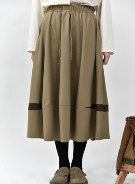 三与二出裂缝撞色拼接设计款薄毛呢秋冬百搭花苞半身裙58273大摆