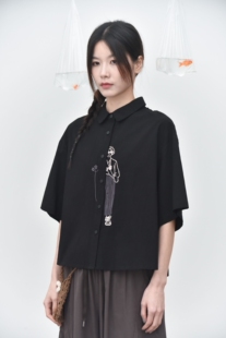 还有山 衬衫 线条感刺绣墨镜人物日系小众设计夏季 短袖 5531 新款