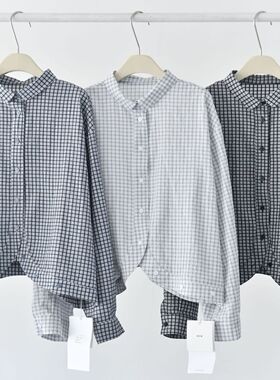 清新格纹25早春弧形下摆设计日系肌理衬衫36975简约百搭