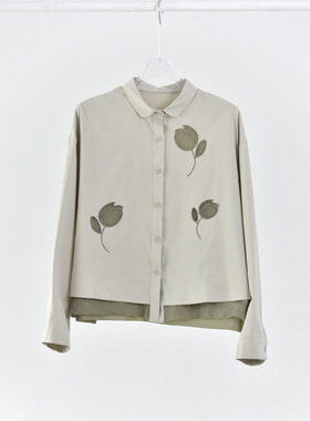 复古双层镂空郁金香刺绣长袖衬衫女设计感气质衬衣89163