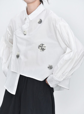 搭片水墨波点贴布捏褶袖小众设计25春款衬衫56826