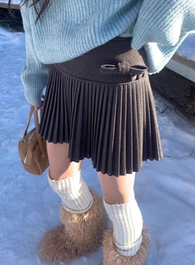 灰色百褶裙女童装秋冬伯克利裙子A字短裙高腰毛呢半身裙裤5韩版