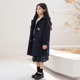 男女童牛角扣呢子大衣中长款学院风制服加棉加厚大童毛呢外套冬装