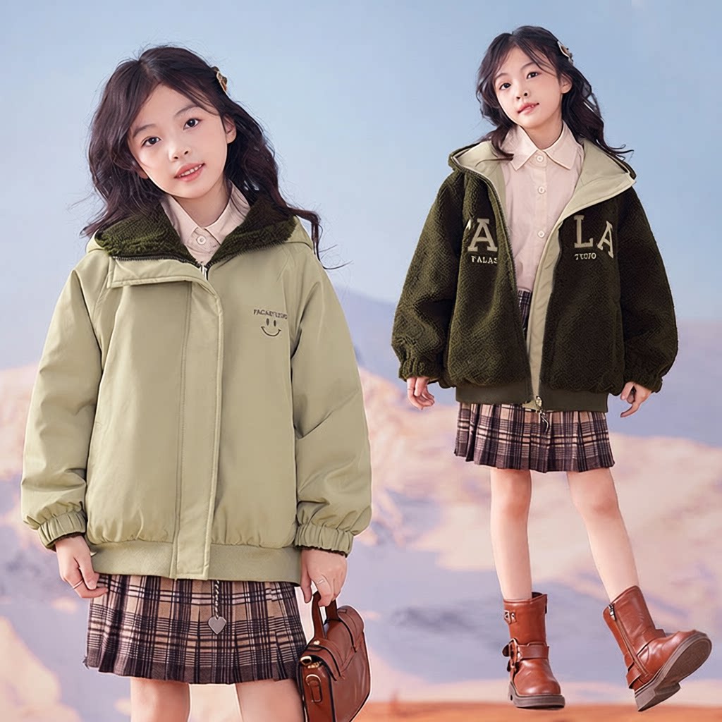 儿童两面穿棉服中长款加绒加厚