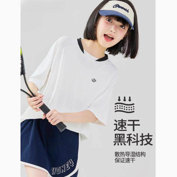 女童速干衣儿童短袖t恤夏季女大童白色运动训练上衣羽毛球网球服9