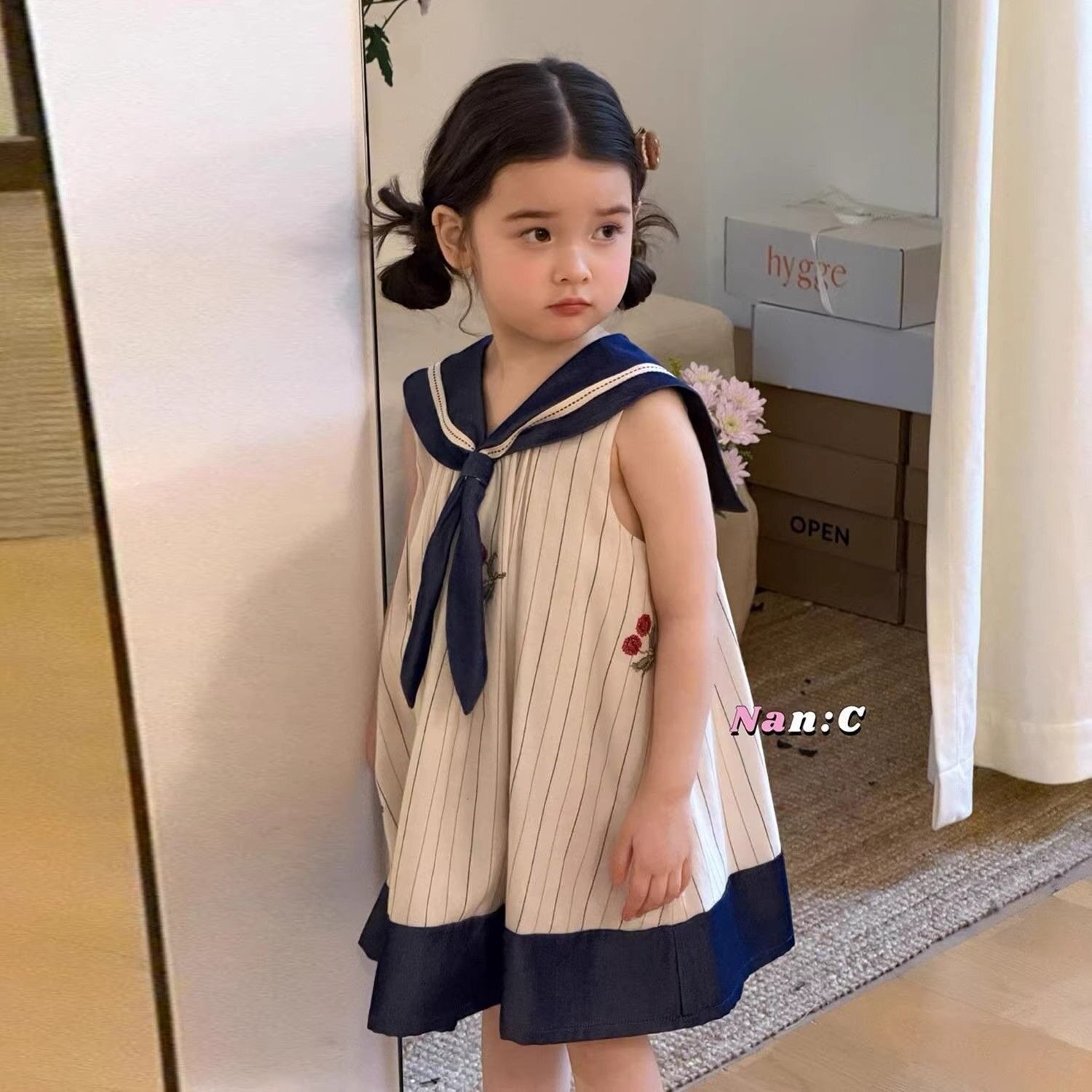 女童樱桃海军领无袖连衣裙夏季