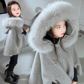 女童高级感呢子斗篷大衣2025秋冬款 宝宝洋气大毛领连帽毛呢外套