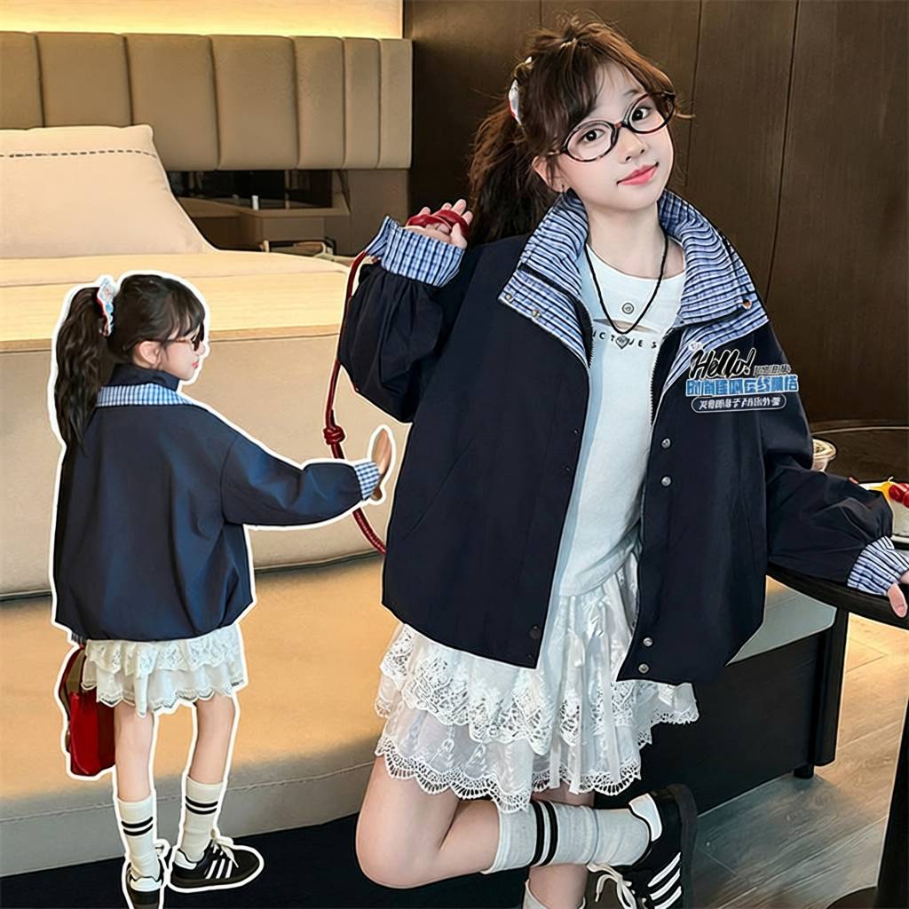 女童外套春秋款格子拼接双领