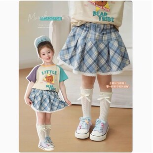 女童半身裙裤2026夏季新款JK百褶裙儿童宝宝学院风蓝白格子蕾丝裙