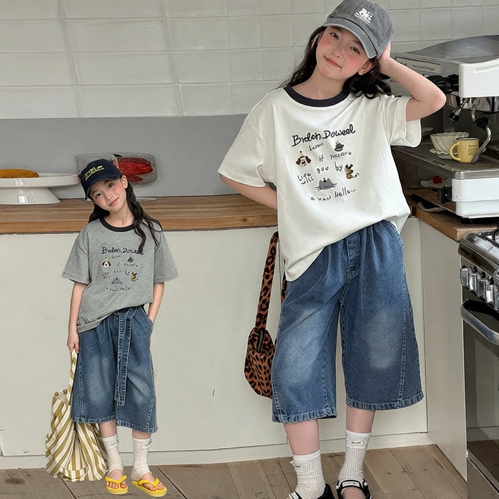 女童卡通字母印花T恤夏款中大童