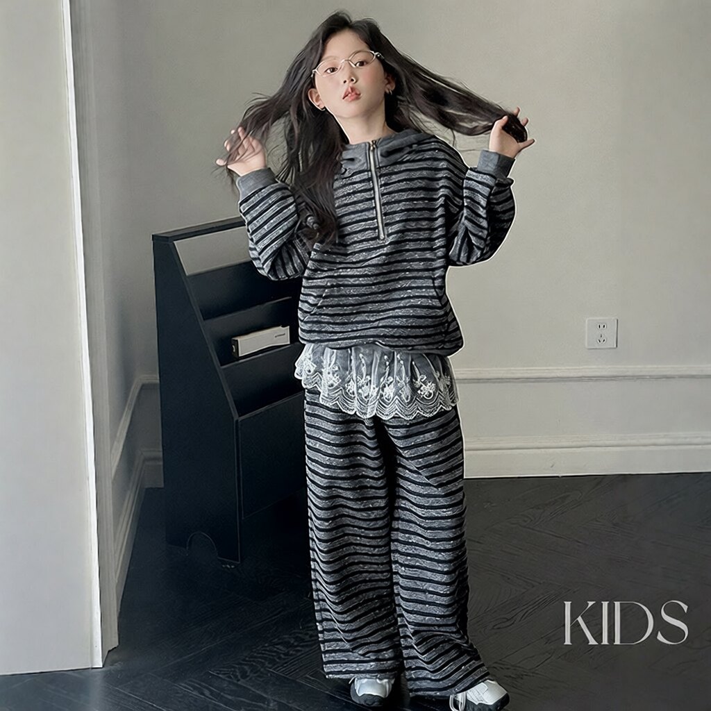 女孩秋季女童条纹帽衫套装女大童