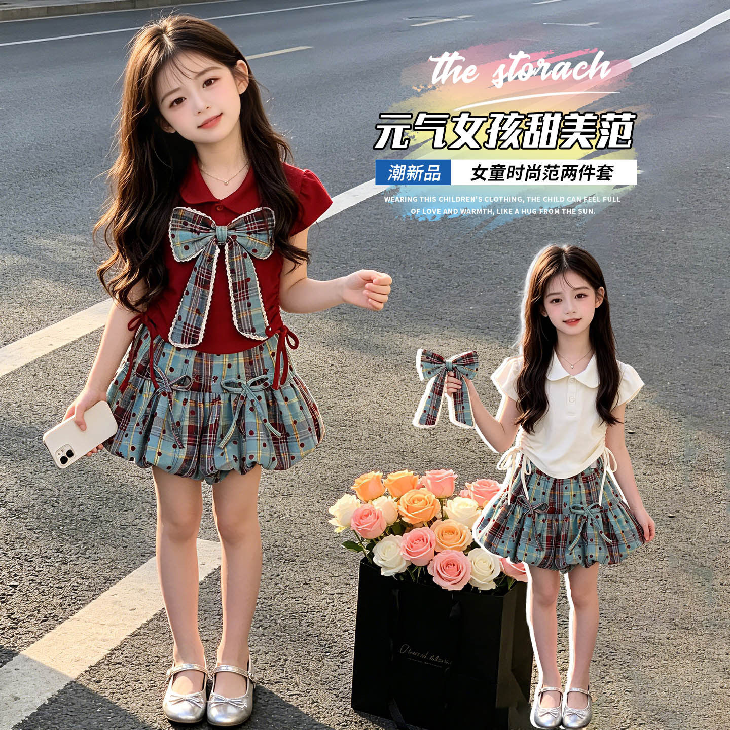 女童夏季蝴蝶结短袖裙子套装儿童