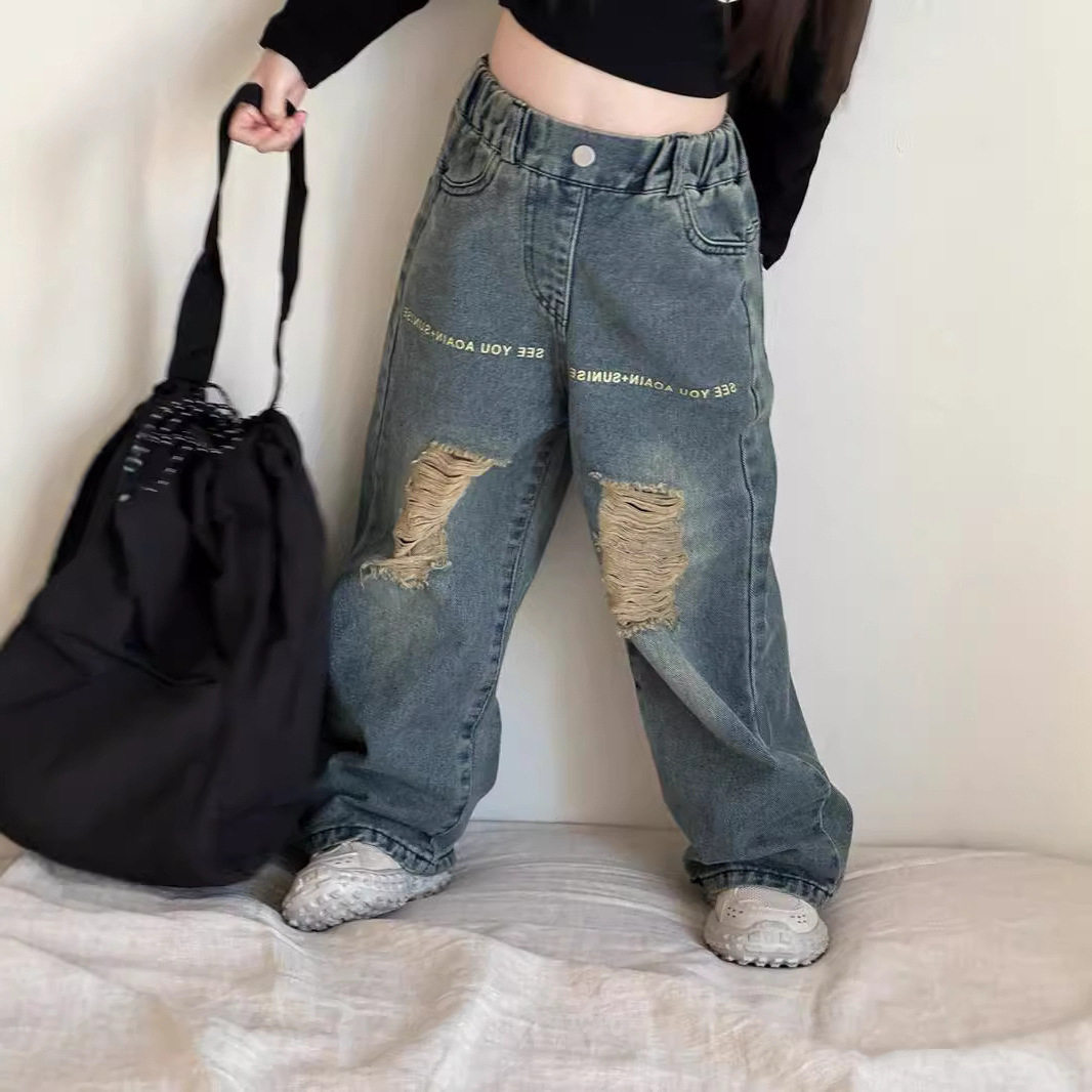韩版女童牛仔裤2026春秋季新款复古做旧破洞直筒裤中小童阔腿裤潮