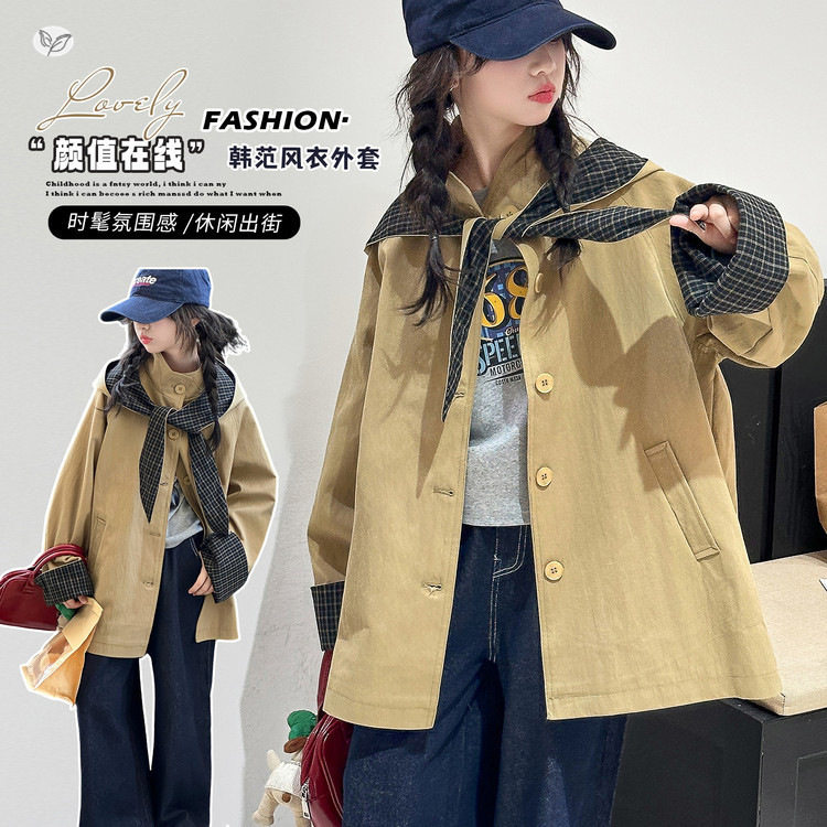 女童风衣外套2026秋季新款格子