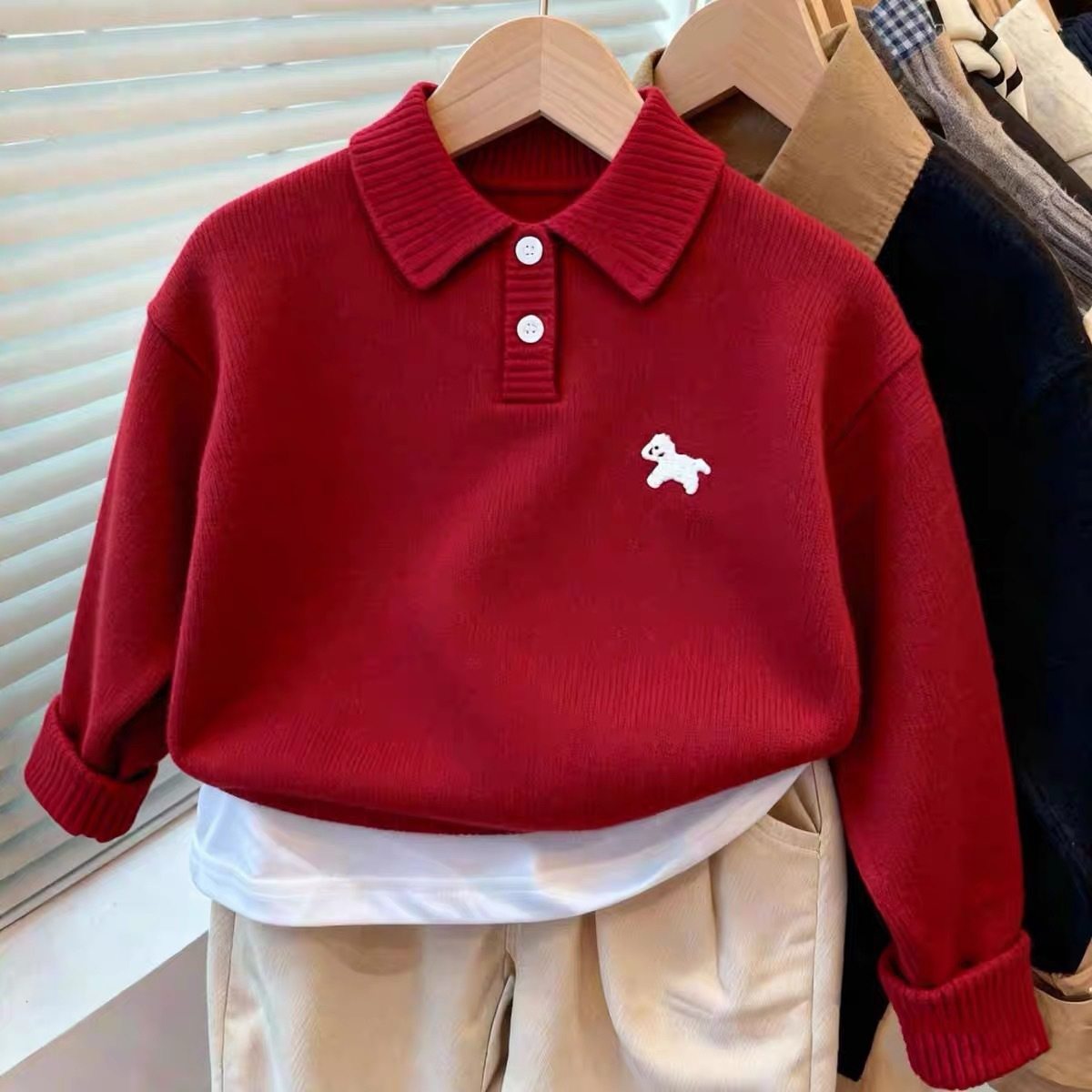 儿童男童POLO领毛衣秋冬2026新款新年卡通小狗红色针织上衣