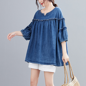 RY1523#大码女上衣超柔天丝棉洗水牛仔荷叶边宽松200斤胖人可穿