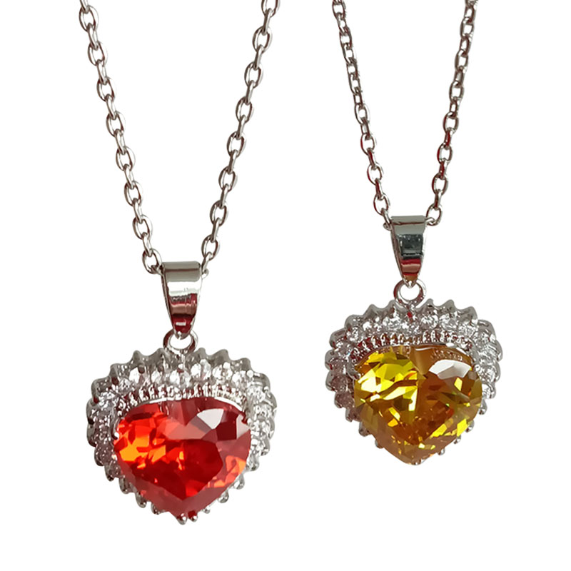 铜镀白金项链黄红色水晶爱心吊坠