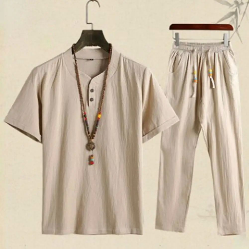 Summer Fashion Men Shirts Trousers Set Cotton And Linen Shir