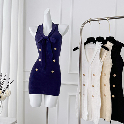 小香名媛重工提花飘带修身包臀无袖连衣裙针织女短裙气质风高级感