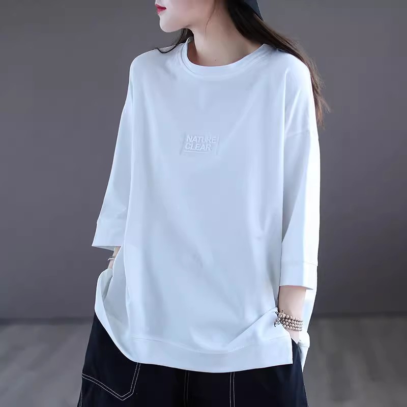 清仓捡漏~外贸原单出口加大码纯棉T恤女七分袖宽松休闲印花上衣夏