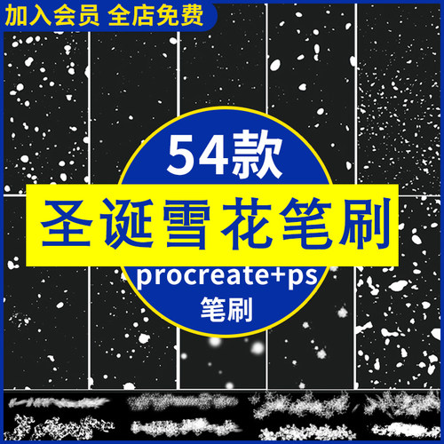 冬季圣诞大小雪花特效下雪飘雪飘落冰晶冰霜雪景ps+procreate笔刷