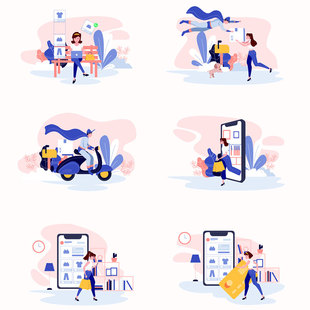 扁平化女孩人物美女购物出行APP插图矢量AI/Sketch插画UI设计素材