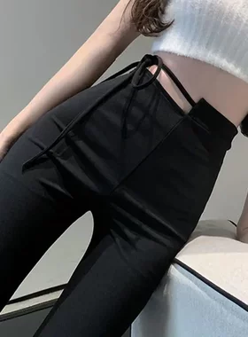 设计感高腰微喇叭裤女春秋绑带修身显瘦马蹄裤黑色休闲拖地长裤子