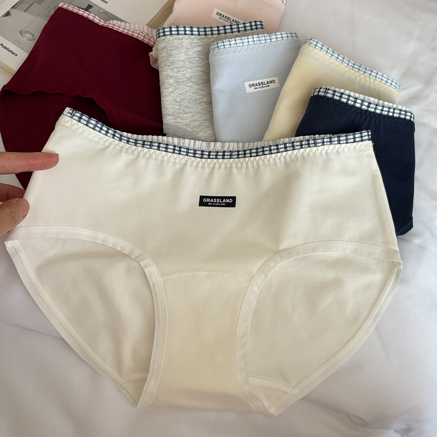 格子腰带字母运动风女士纯棉内裤