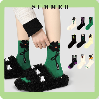 可爱袜子女春秋夏花朵立体创意中筒袜设计感小众多巴胺棋外穿棉袜