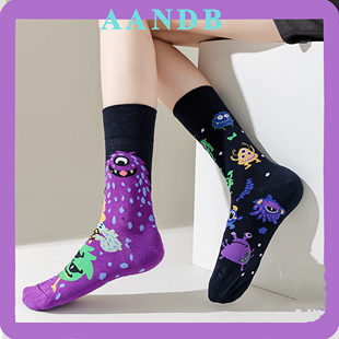 AB款袜子50色不对称男女情侣卡通棉袜多巴胺趣味百搭运动中筒袜